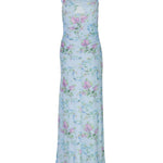 Light Blue Floral Print Ruched Maxi Dress