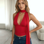 Red Halter Neck Choker Scarf Detail Crop Top