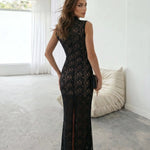 Black Lace Sleeveless Keyhole Collar Mermaid Maxi Dress