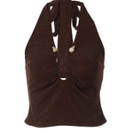 Brown Glitter Ruched Keyhole Halter Neck Top