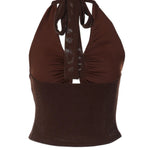 Brown Glitter Ruched Keyhole Halter Neck Top
