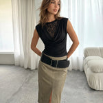 Black Sleeveless Cowl Neck Lace Detail Top