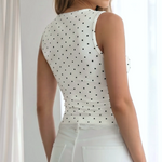 White Polka Dot Square Neck Lace Trim Tank Top
