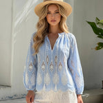 Blue White Cutwork Embroidered Drawstring Blouse