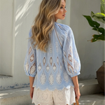 Blue White Cutwork Embroidered Drawstring Blouse