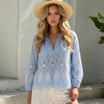 Blue White Cutwork Embroidered Drawstring Blouse