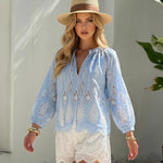Blue White Cutwork Embroidered Drawstring Blouse