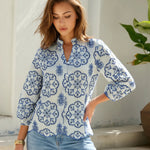White Blue Geometric Embroidered Stand Collar Blouse