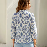 White Blue Geometric Embroidered Stand Collar Blouse