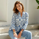 White Blue Geometric Embroidered Stand Collar Blouse
