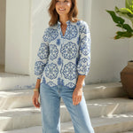 White Blue Geometric Embroidered Stand Collar Blouse