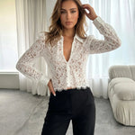 White Floral Lace Button Down Blouse
