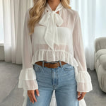 White Sheer Chiffon Bow Neck Ruffled Cuffs Blouse
