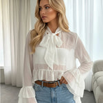 White Sheer Chiffon Bow Neck Ruffled Cuffs Blouse