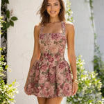 Pink Vintage Floral Square Halter Pleated Skater Mini Dress