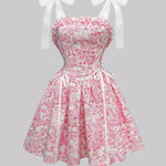 Pink Floral Print Corset Bow Straps Mini Dress