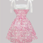 Pink Floral Print Corset Bow Straps Mini Dress