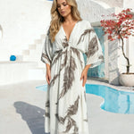 White Brown Leaf Print Sleeve Flowy Midi Dress