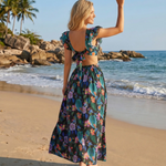 Black Tropical Leaf Floral Deep V Cutout Ruffle Maxi Dress