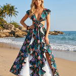 Black Tropical Leaf Floral Deep V Cutout Ruffle Maxi Dress