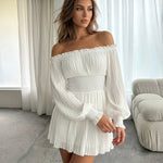 White Off Shoulder Smocked Waist Pleated Mini Dress