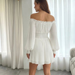 White Off Shoulder Smocked Waist Pleated Mini Dress