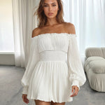 White Off Shoulder Smocked Waist Pleated Mini Dress