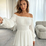 White Off Shoulder Smocked Waist Pleated Mini Dress