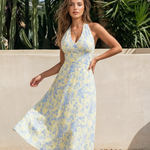 Yellow Blue Floral Halter Midi Dress