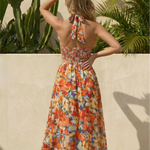 Vibrant Floral Print Halter Midi Dress