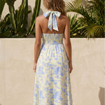 Yellow Blue Floral Halter Midi Dress