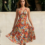 Vibrant Floral Print Halter Midi Dress