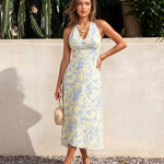 Yellow Blue Floral Halter Midi Dress
