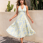 Yellow Blue Floral Halter Midi Dress