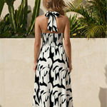 Black White Abstract Print Halter Maxi Dress