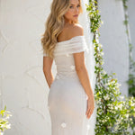 White Floral Applique Off Shoulder Foldover Bodycon Midi Dress