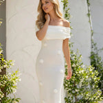 White Floral Applique Off Shoulder Foldover Bodycon Midi Dress