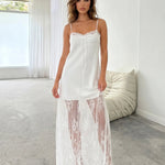 White Satin Lace Patch Spaghetti Strap Maxi Slip Dress