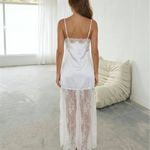 White Satin Lace Patch Spaghetti Strap Maxi Slip Dress