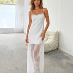 White Satin Lace Patch Spaghetti Strap Maxi Slip Dress