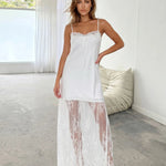 White Satin Lace Patch Spaghetti Strap Maxi Slip Dress