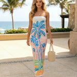 Colorful Tropical Tree Print Strapless Bandeau Bodycon Maxi Dress