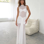 White Mesh High Neck Ruched Maxi Dress