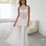 White Mesh High Neck Ruched Maxi Dress