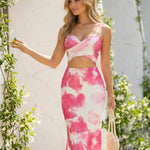 Pink White Tie Dye Wrap Cami Crop Top Mermaid Maxi Skirt Two Piece Set
