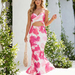 Pink White Tie Dye Wrap Cami Crop Top Mermaid Maxi Skirt Two Piece Set