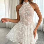 White Floral Lace Halter Neck Skater Mini Dress