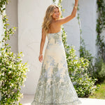 Blue Green Botanical Print Strapless Front Tie Ruffle Hem Maxi Dress