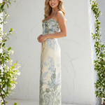 Blue Green Botanical Print Strapless Front Tie Ruffle Hem Maxi Dress