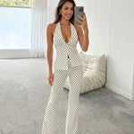 White Black Polka Dot Halter Split Top Pants Set